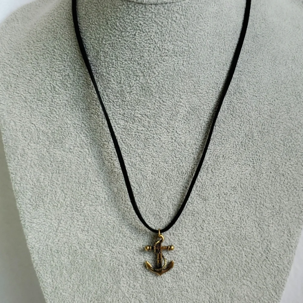 Mens Faith brass anchor charm black suede necklace - Picture 1 of 4